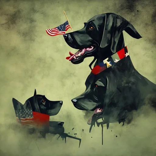 Prompt: Surreal, abstract art of black dogs in patriotic soldier outfits, cowboy hat, high contrast, dreamlike, otherworldly, fun atmosphere, mysterious, professional art, abstract, highres, vibrant colors, atmospheric lighting, USA, surreal style, vibrant, high-quality