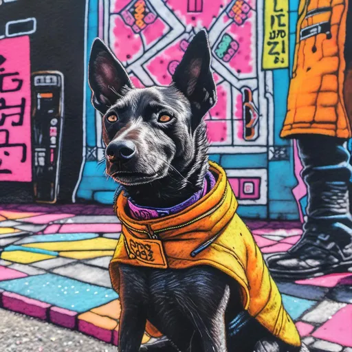 Prompt: a detailed grunge dog in cyberpunk Japan festival, chalk pastel, natural lighting, highres, detailed streets, fun, cyberpunk, detailed fur, vibrant colors, lively atmosphere, street festival, urban setting, chalk pastel art, detailed background, Japan, pop art, festival vibes, sketch<mymodel>