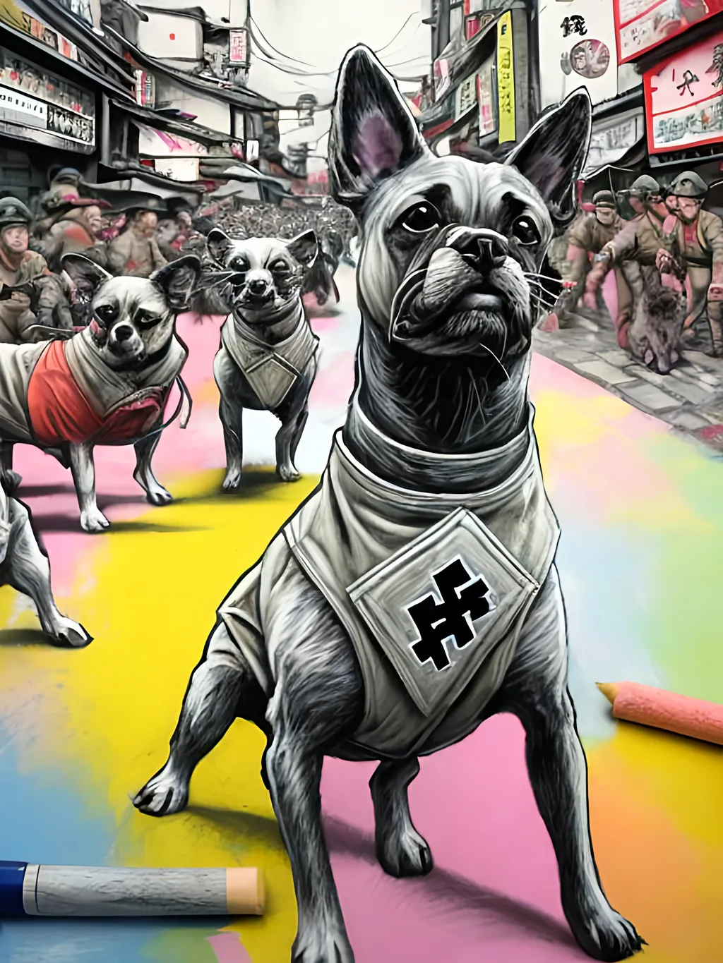 Prompt: pop art chalk pastel art of detailed dogs wearing nazi uniforms playing in the streets in japan during a festival, sketch, detailed background, highres, fun atmosphere, natural lighting,  abstract, fun