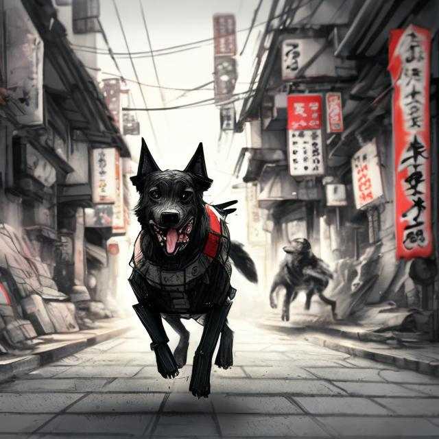 Prompt: sketch art of a black dog wearing soldier clothes chasing a chicken in the streets in japan, sketch, detailed background, highres, fun atmosphere, natural lighting, pastel colors, abstract, fun