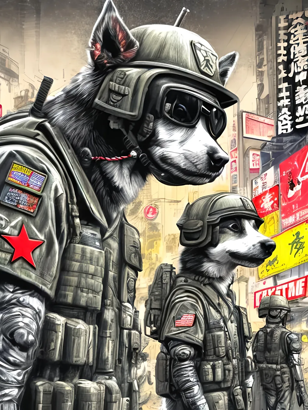 Prompt: pop art chalk pastel art of detailed dog wearing military uniforms<mymodel> playing in the streets in cyberpunk japan during a festival, sketch, detailed background, highres, fun atmosphere, natural lighting,  abstract, fun