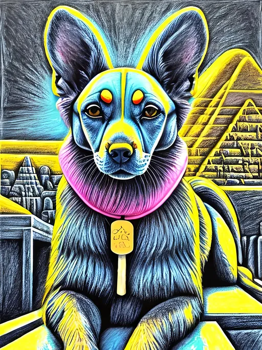 Prompt: pop art chalk pastel art of detailed dog as the sphinx in toyko, sketch, detailed background, highres, fun atmosphere, natural lighting,  abstract, fun