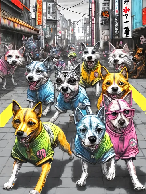 Prompt: pop art chalk pastel art of detailed dogs wearing gangster clothes playing in the streets in japan during a festival, sketch, detailed background, highres, fun atmosphere, natural lighting,  abstract, fun