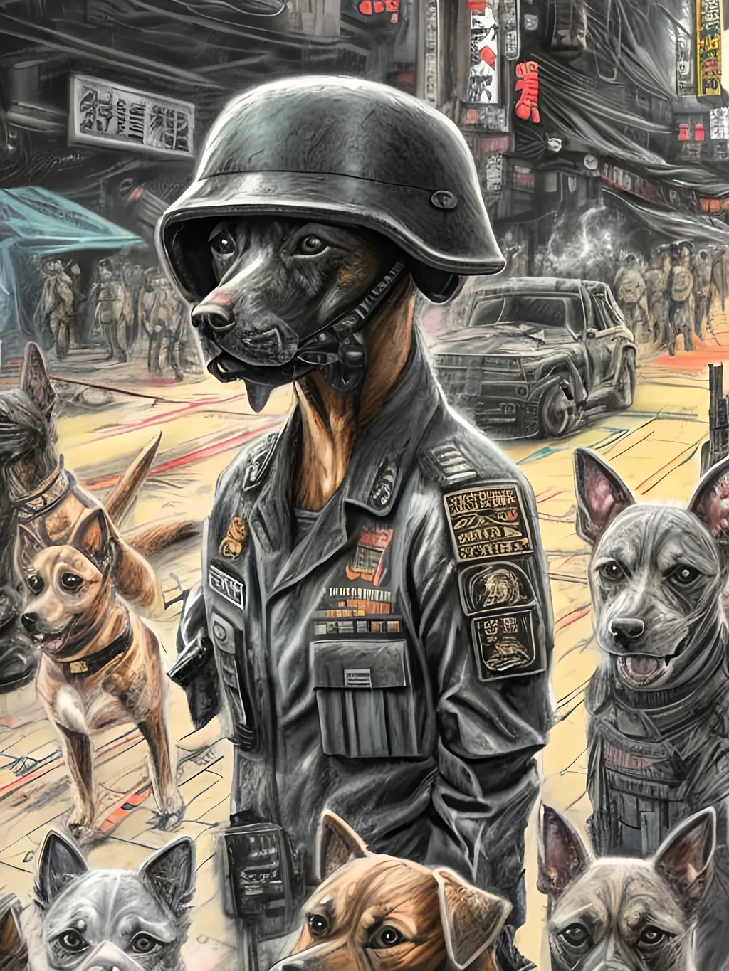 Prompt: chalk pastel art of a detailed dogs wearing military uniforms on the streets in cyberpunk japan during a festival, sketch, detailed background, highres, fun atmosphere, natural lighting,  abstract, fun