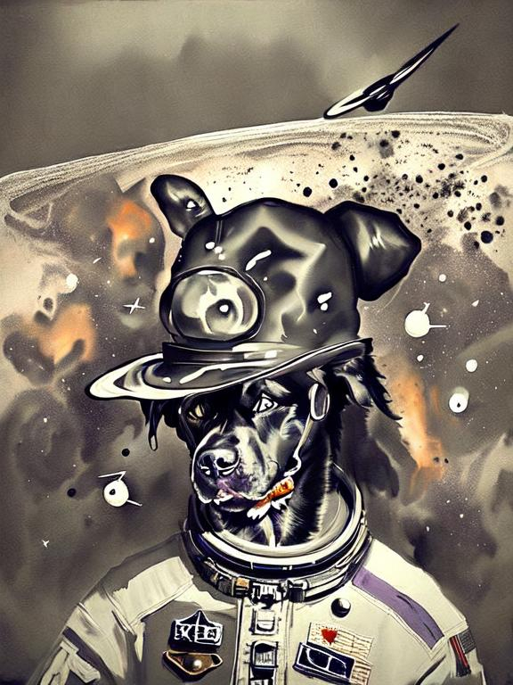 Prompt: Surrealism black dogs in cowboy outfits in space, abstract art style, cowboy hat, fun atmosphere, floating celestial bodies, mysterious nebulae, dreamlike, surreal, high contrast, otherworldly, abstract, space, astronaut, fun atmosphere, celestial bodies, dreamlike, surreal, high contrast, mysterious, nebulae, dogs, Pro trump clothing