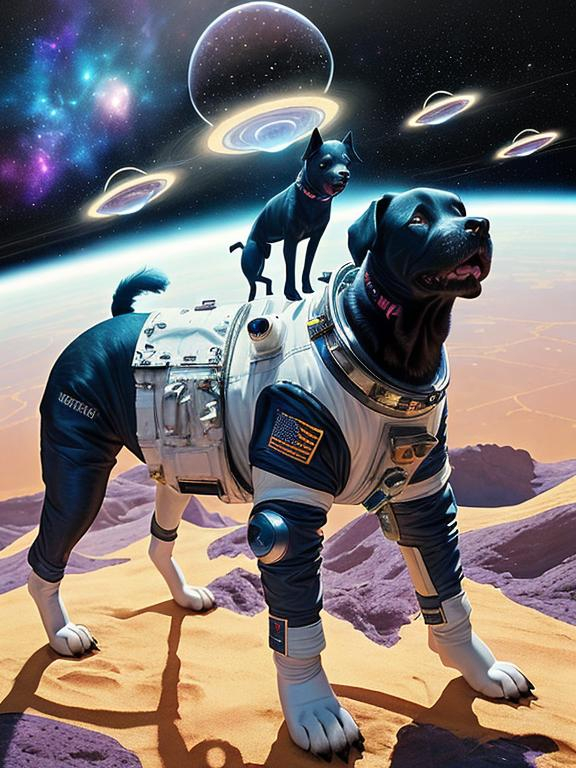 Prompt: Surrealism art, black dogs in astronaut outfits, space background, surrealistic, abstract, detailed fur, cosmic colors, dreamlike atmosphere, high quality, surrealism, astronaut dogs, abstract art, cosmic, detailed, surreal colors, space setting, dreamy lighting