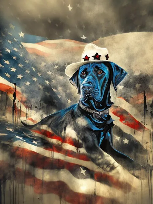 Prompt: Surreal, abstract art of black dogs in patriotic clothing, cowboy hat, high contrast, dreamlike, otherworldly, fun atmosphere, mysterious, USA patriotism, surreal style, professional art, abstract, highres, vibrant colors, atmospheric lighting