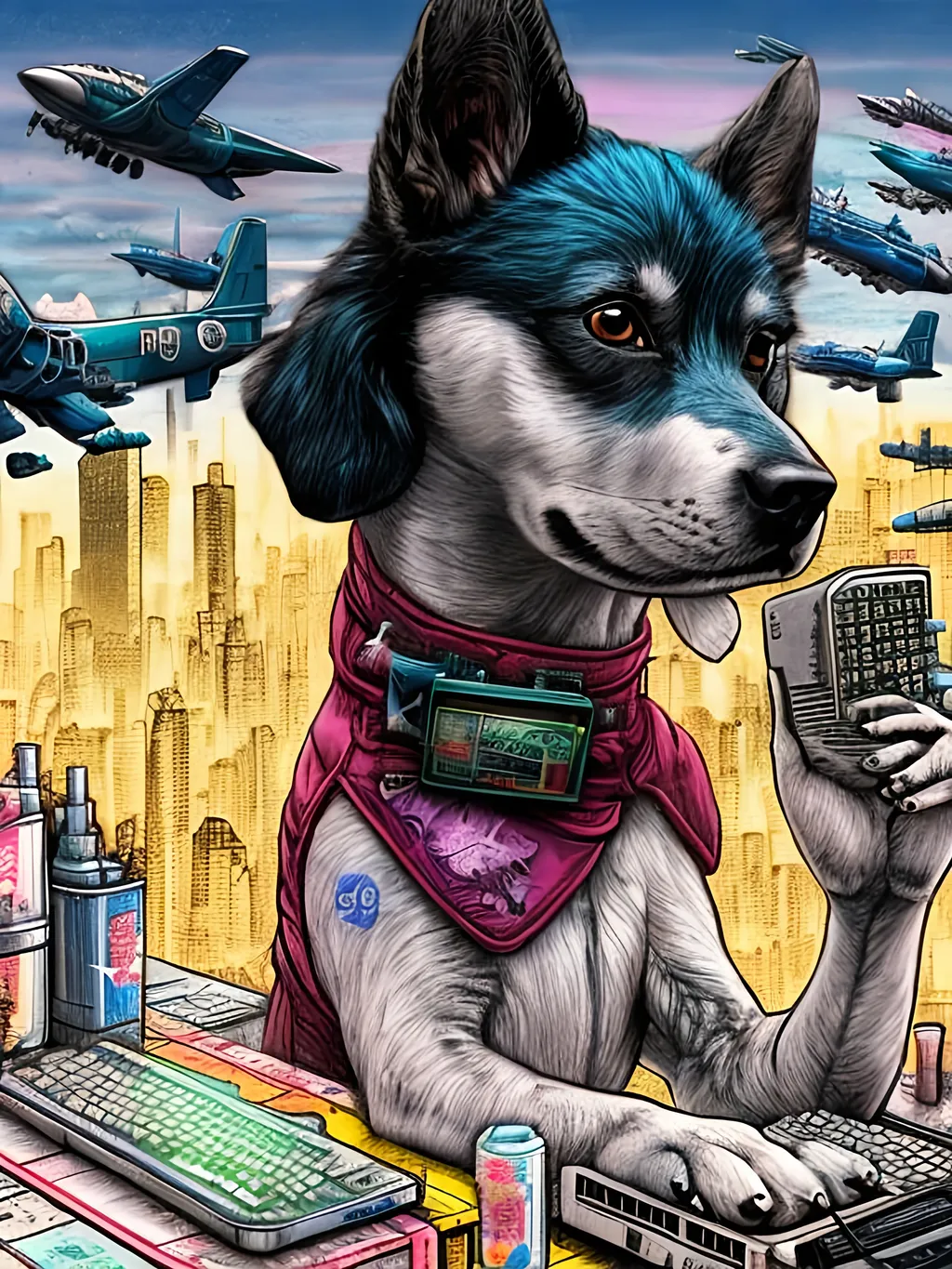 Prompt: pop art chalk pastel art of a detailed dog hacking a computer on the subway train in cyberpunk japan with planes in the background, sketch, detailed background, highres, fun atmosphere, natural lighting,  abstract, fun