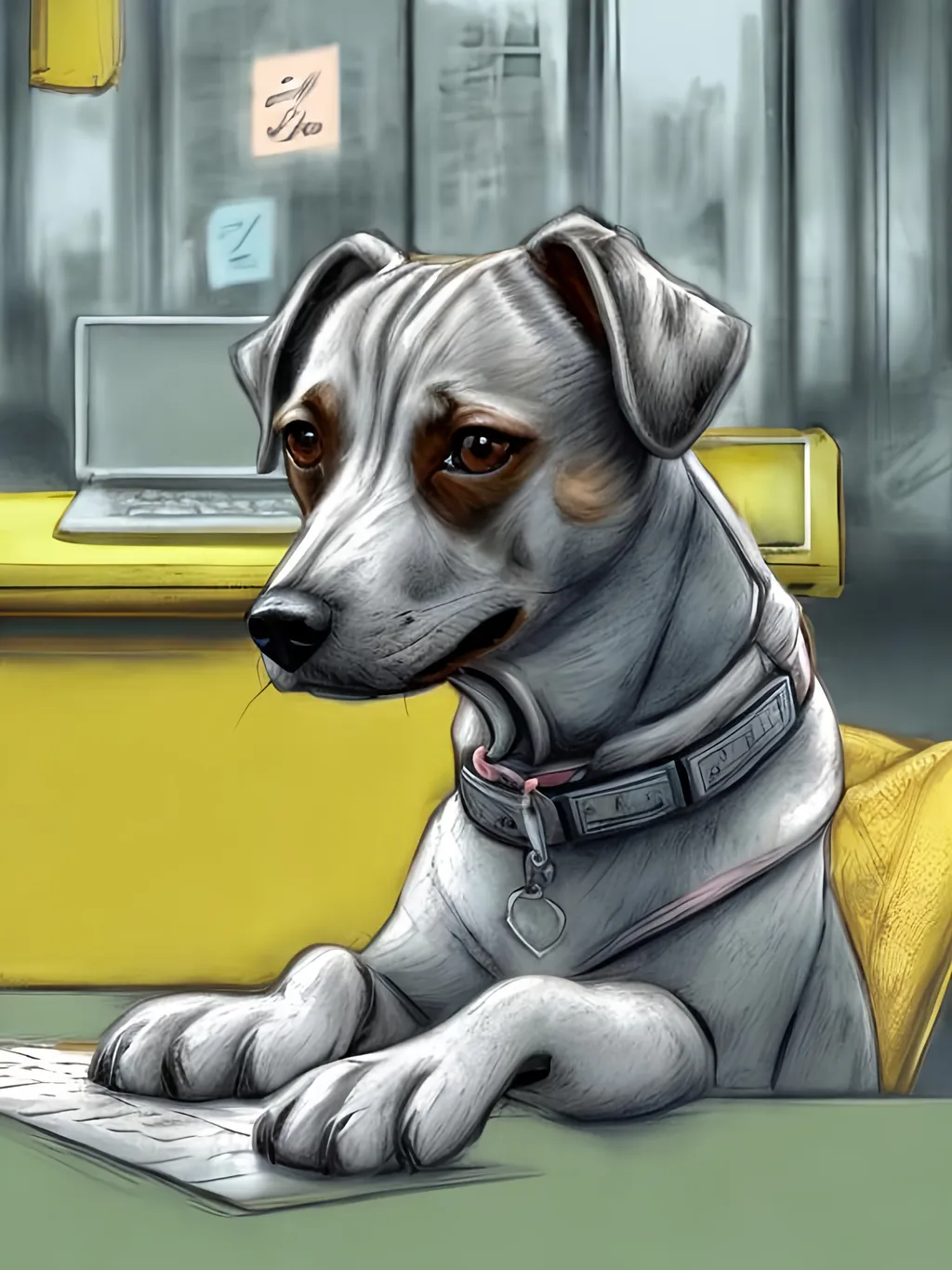 Prompt: chalk pastel style of a  detailed dog typing at a desk in a modern city office, sketch, detailed background, highres, fun atmosphere, natural lighting,  abstract, fun