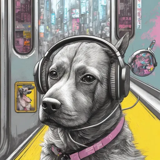 Prompt: pop art chalk pastel art of a detailed dog listening to music on the subway train in cyberpunk japan with planes in the background, sketch, detailed background, highres, fun atmosphere, natural lighting,  abstract, fun