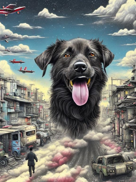 Prompt: pop art chalk pastel art of a detailed happy mountain cur black dog on the streets in post-apocalyptic Japan during a festival with planes in the background, sketch, detailed background, highres, fun atmosphere, natural lighting,  abstract, fun