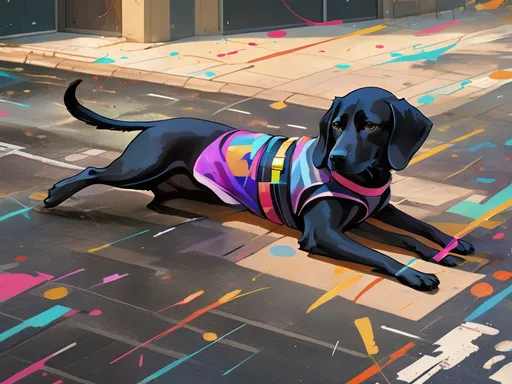 Prompt: black dog wearing ninja clothes having fun in the streets with a battle in the background, dogs, abstract art, Screen print, splash screen art, triadic colors, digital art, 8k resolution trending on Artstation, golden ratio, akira, symmetrical, rule of thirds, geometric bauhaus, Studio Ghibli, Anime Key Visual, by Makoto Shinkai, Deep Color, Intricate, 8k resolution concept art, Natural Lighting, Beautiful Composition