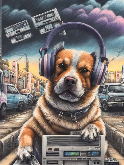 Prompt: chalk pastel art of a detailed dog listening to music on a tape player on the streets in post-apocalyptic Japan during a festival with planes in the background, sketch, detailed background, highres, fun atmosphere, natural lighting,  abstract, fun