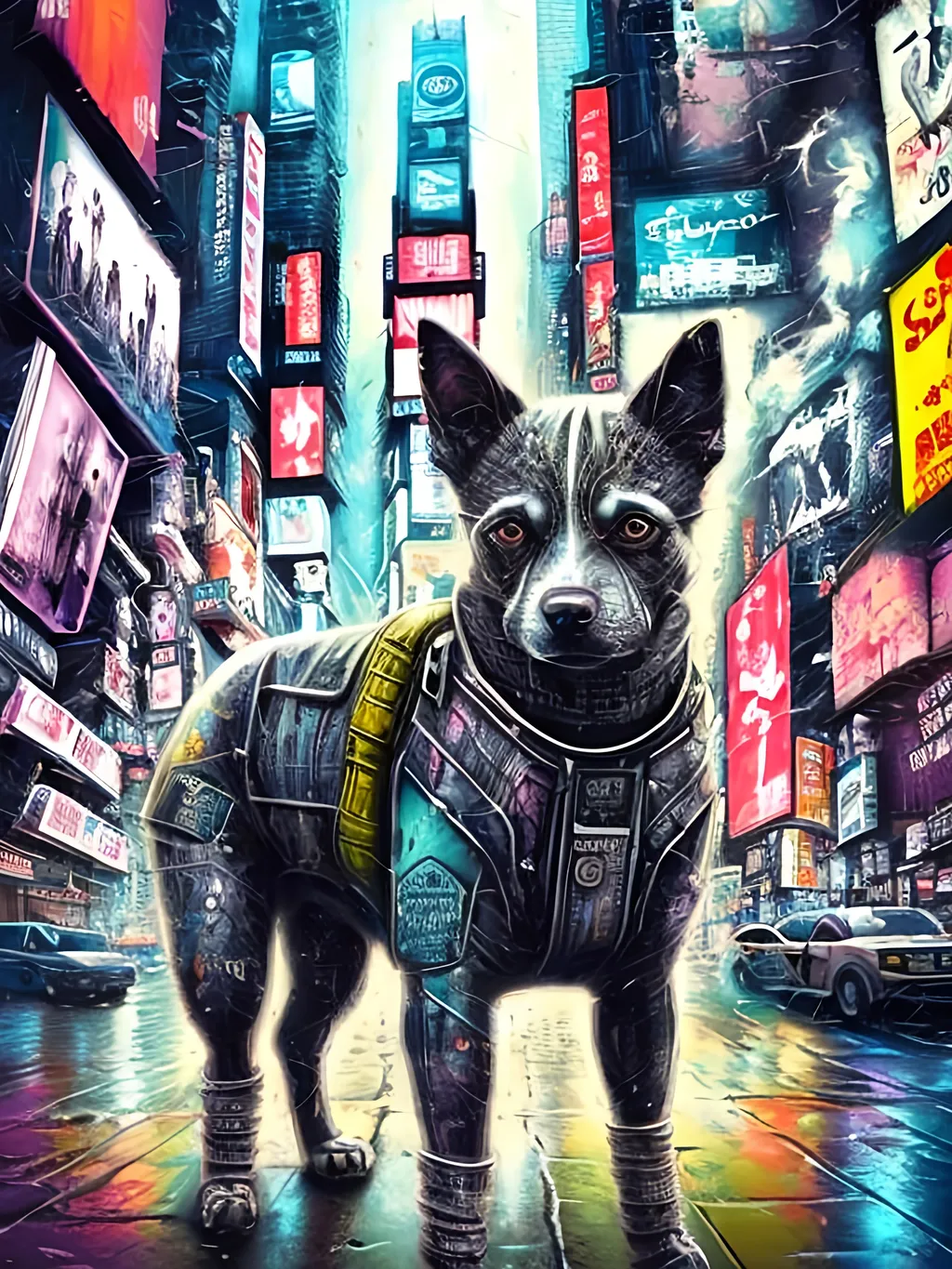 Prompt: chalk pastel style of a  detailed dog stoned in cyberpunk times square, sketch, detailed background, highres, fun atmosphere, natural lighting,  abstract, fun