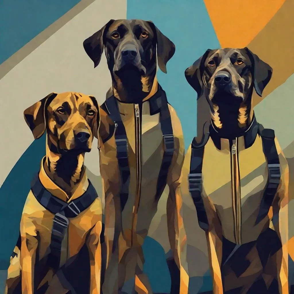 Prompt: mountain cur black dogs in pilots uniform abstract art