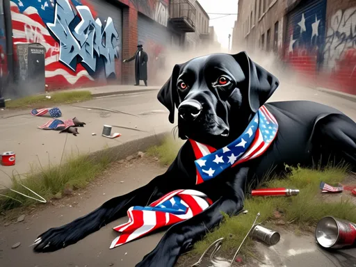 Prompt: surreal, Abstract art of a black dogs in gangster clothes, graffiti, streets, patriotic, detailed, atmospheric lighting, battle in the background, highres, abstract, gangster, detailed clothing, patriotic theme, streets, atmospheric lighting, dogs