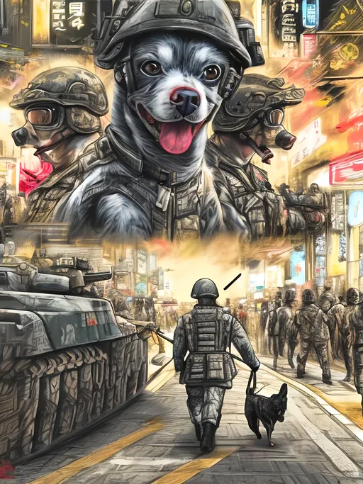 Prompt: pop art chalk pastel art of detailed dog wearing military uniforms<mymodel> playing in the streets in cyberpunk japan during a festival, sketch, detailed background, highres, fun atmosphere, natural lighting,  abstract, fun