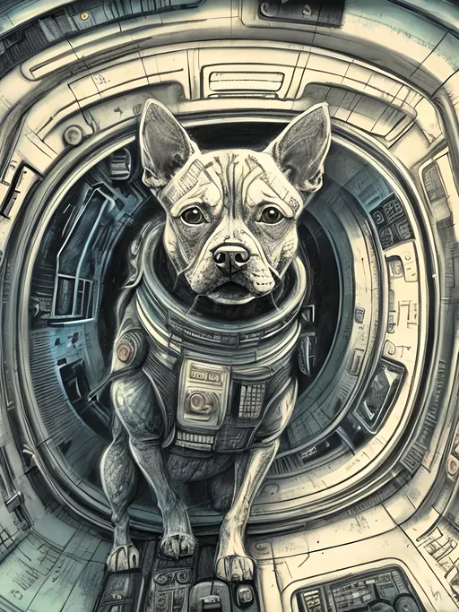 Prompt: chalk pastel style of a  detailed dog in a cyberpunk spaceship, sketch, detailed background, highres, fun atmosphere, natural lighting,  abstract, fun