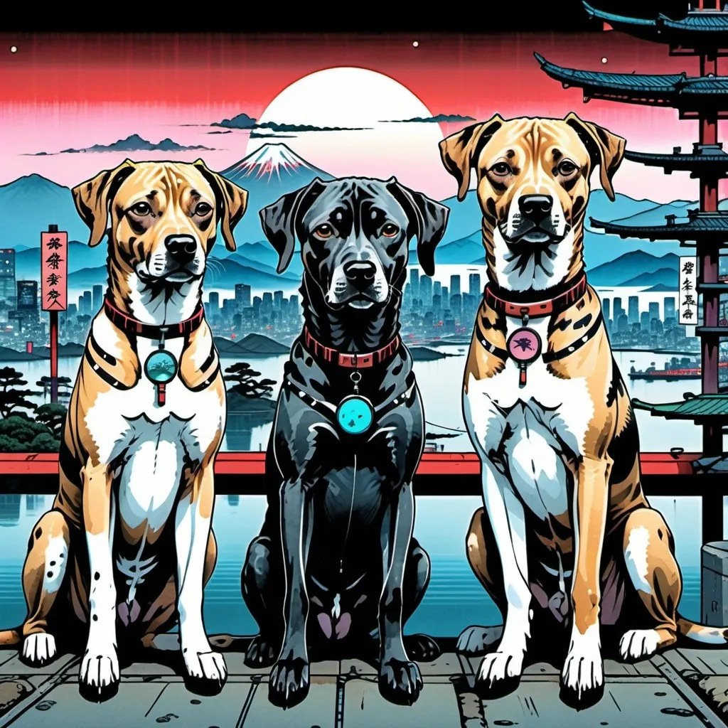 Prompt: black mountain cur dogs in cyberpunk hiroshige