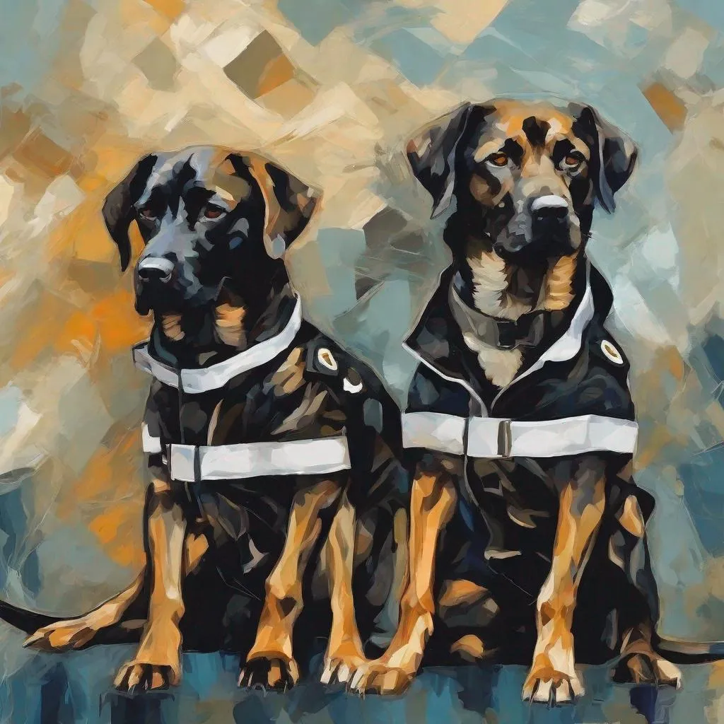 Prompt: mountain cur black dogs in pilot uniform abstract art