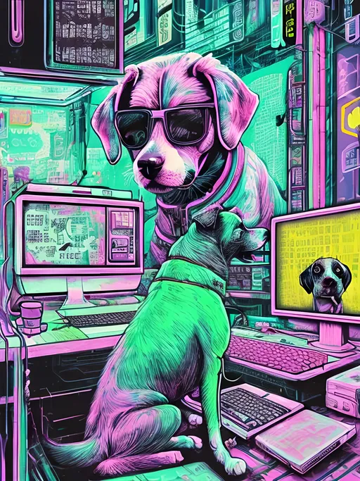 Prompt: pop art chalk pastel art of detailed dog hacking computers in cyberpunk japan, sketch, detailed background, highres, fun atmosphere, natural lighting,  abstract, fun