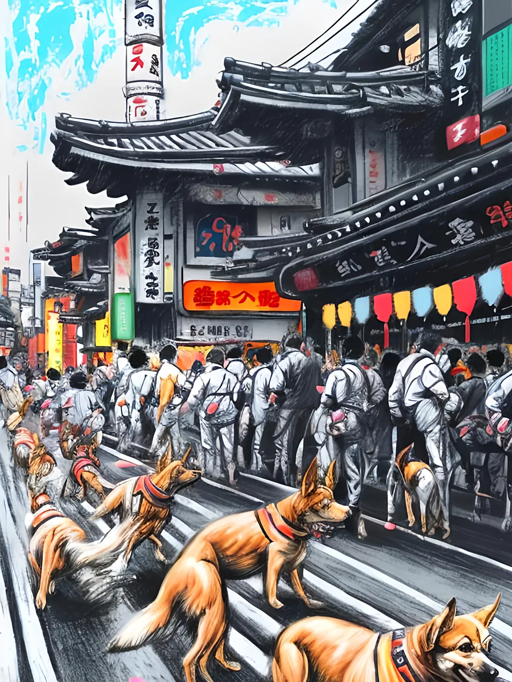 Prompt: pop art chalk pastel art of detailed dogs wearing pilot uniforms playing in the streets in japan during a festival, sketch, detailed background, highres, fun atmosphere, natural lighting,  abstract, fun