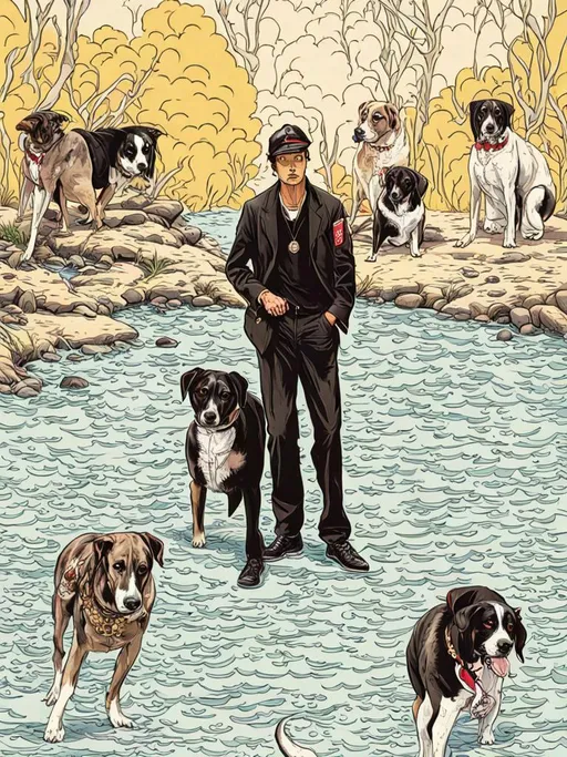 Prompt: black mountain cur dogs in yakuza outfit 90s poster