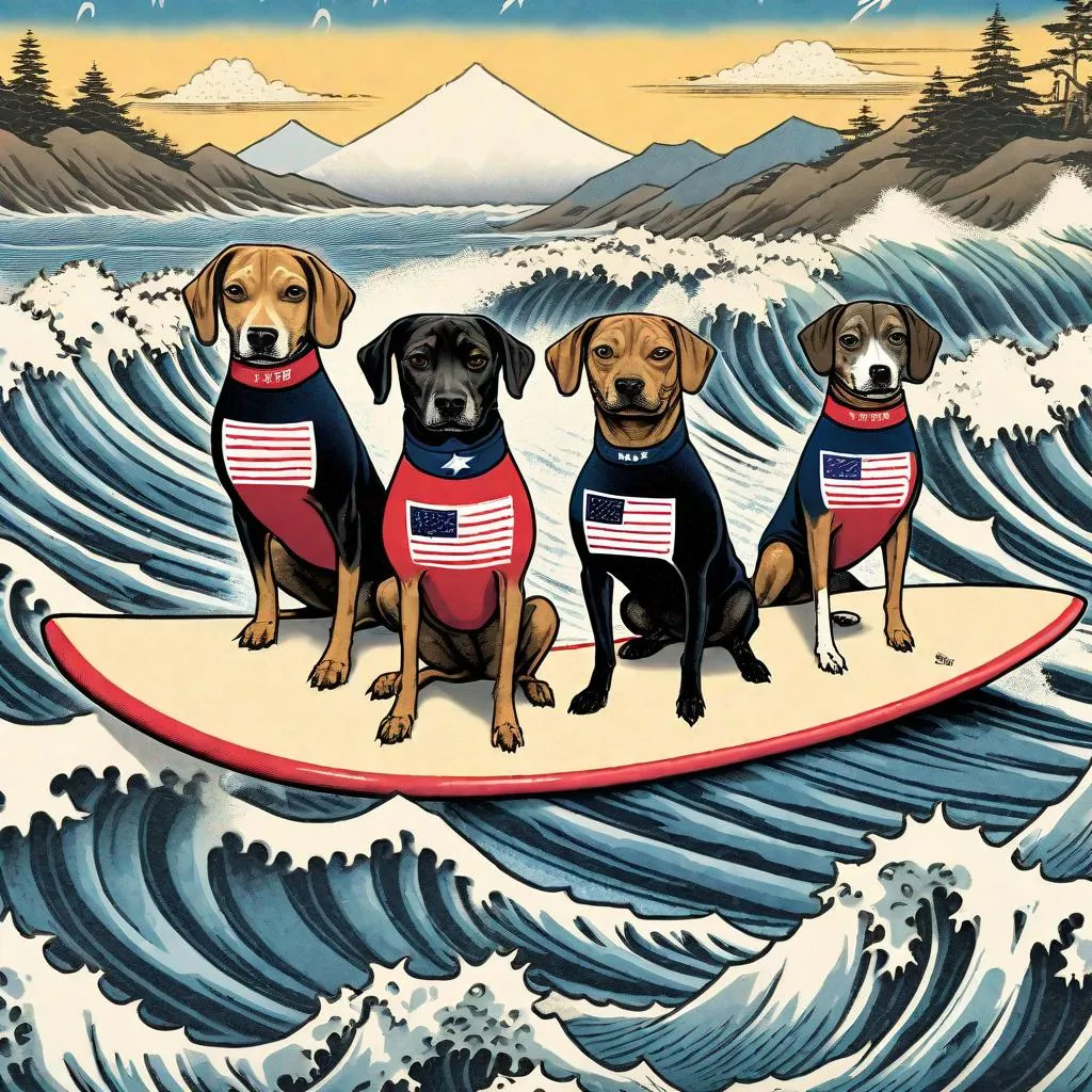 Prompt: black mountain cur dogs surfing in hiroshige wave wearing pro trump clothes