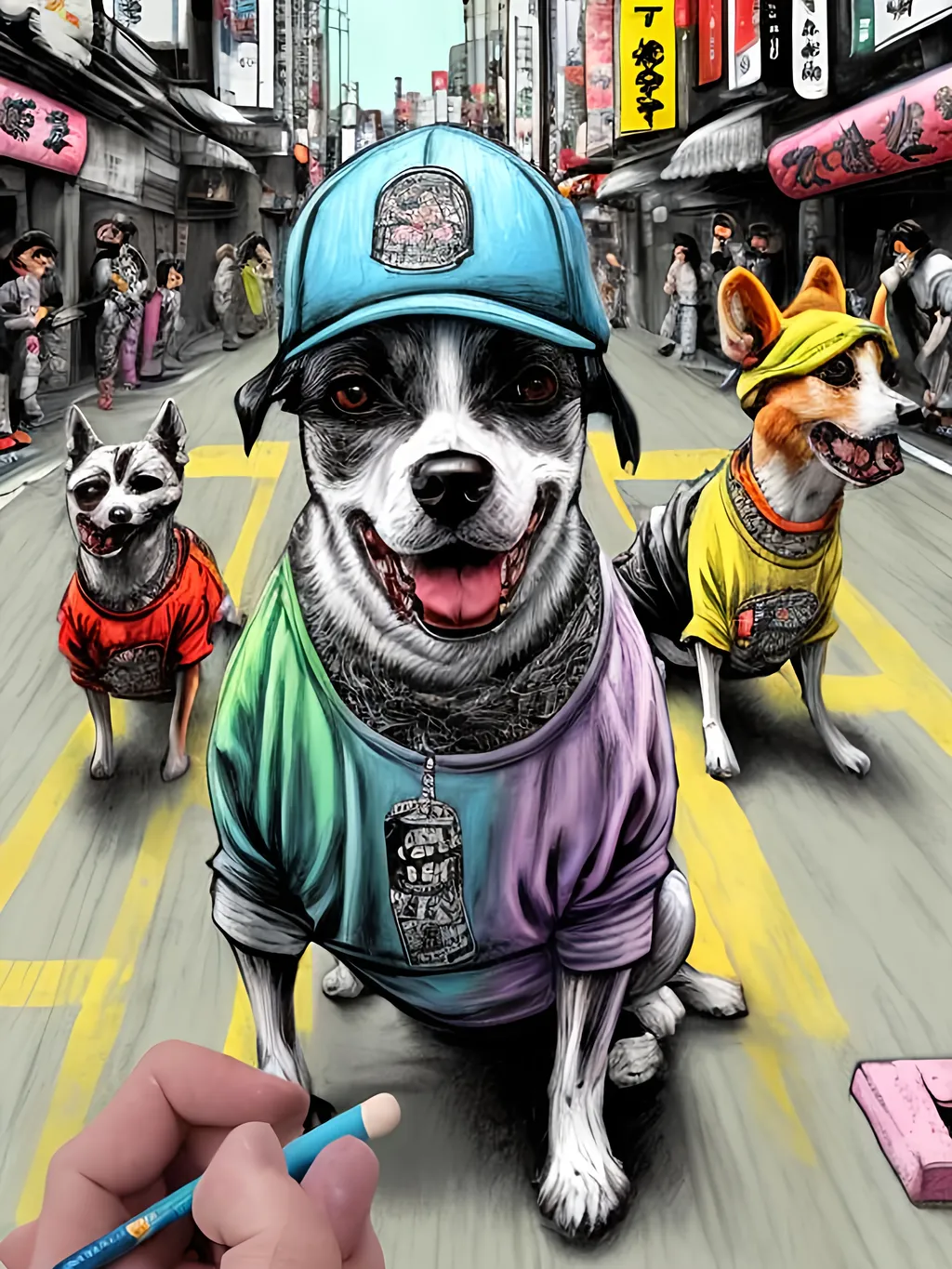 Prompt: pop art chalk pastel art of detailed dogs wearing gangster clothes playing in the streets in japan during a festival, sketch, detailed background, highres, fun atmosphere, natural lighting,  abstract, fun