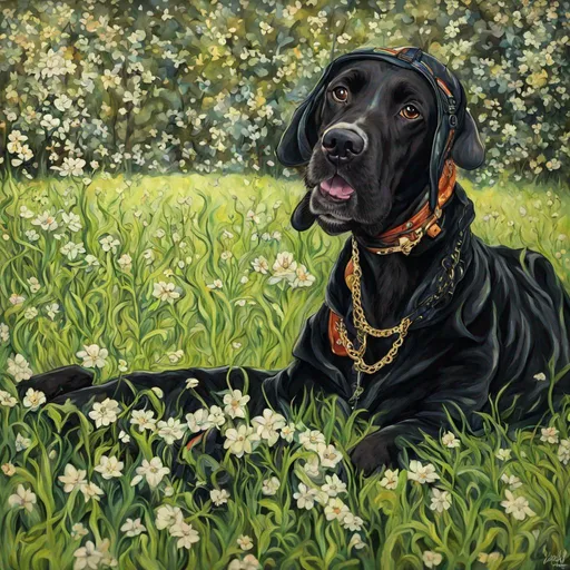 Prompt: Mountain cur black dog dressed like snoop dog art