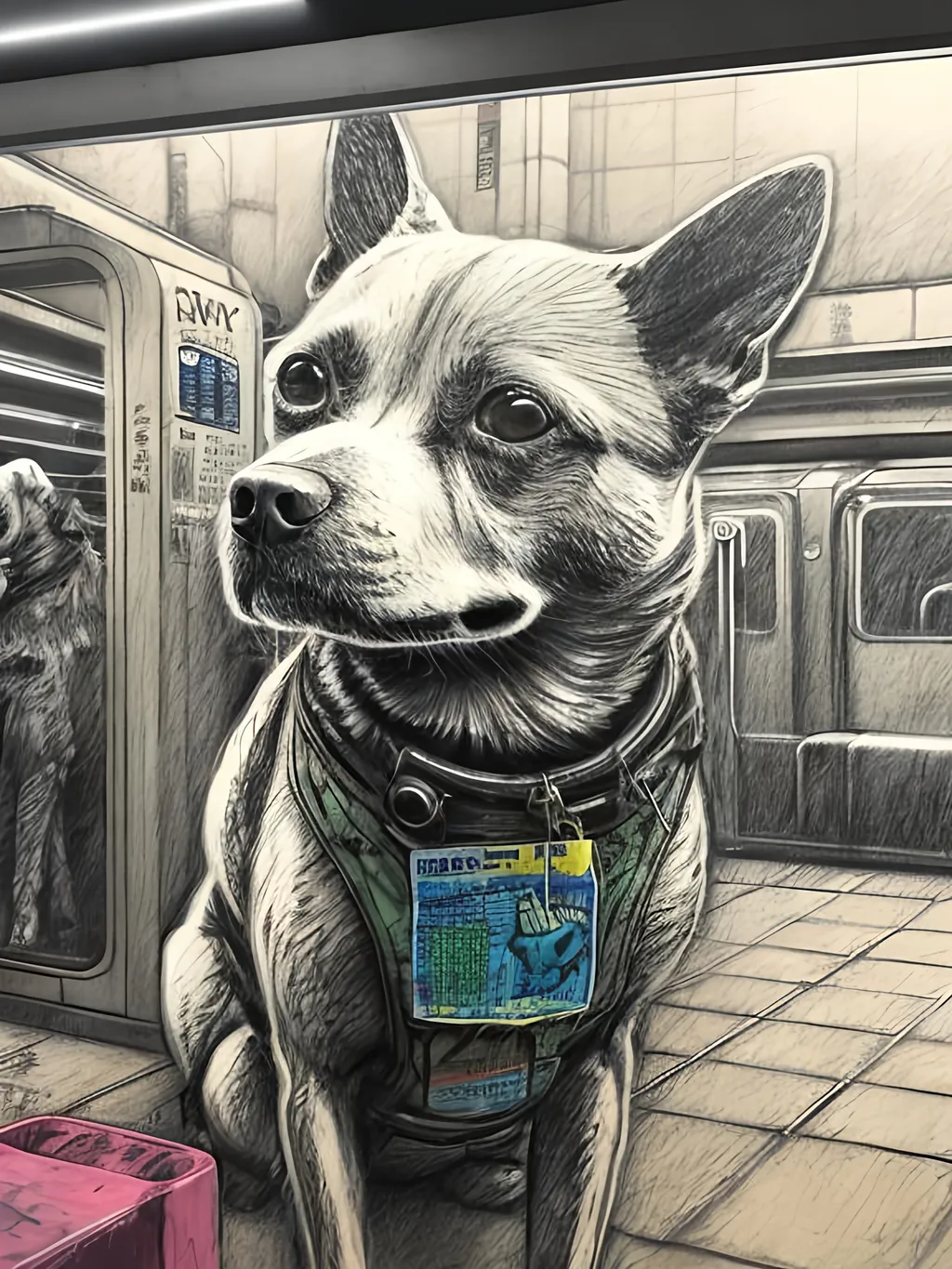 Prompt: pop art chalk pastel art of detailed dog at a subway in cyberpunk japan, sketch, detailed background, highres, fun atmosphere, natural lighting,  abstract, fun