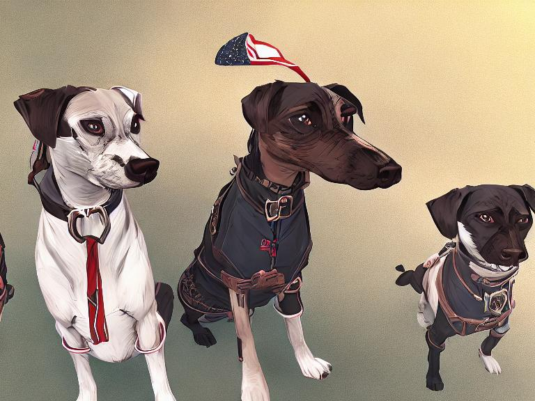 Prompt: black mountain cur dogs dressed in clothes as pro trump supporters