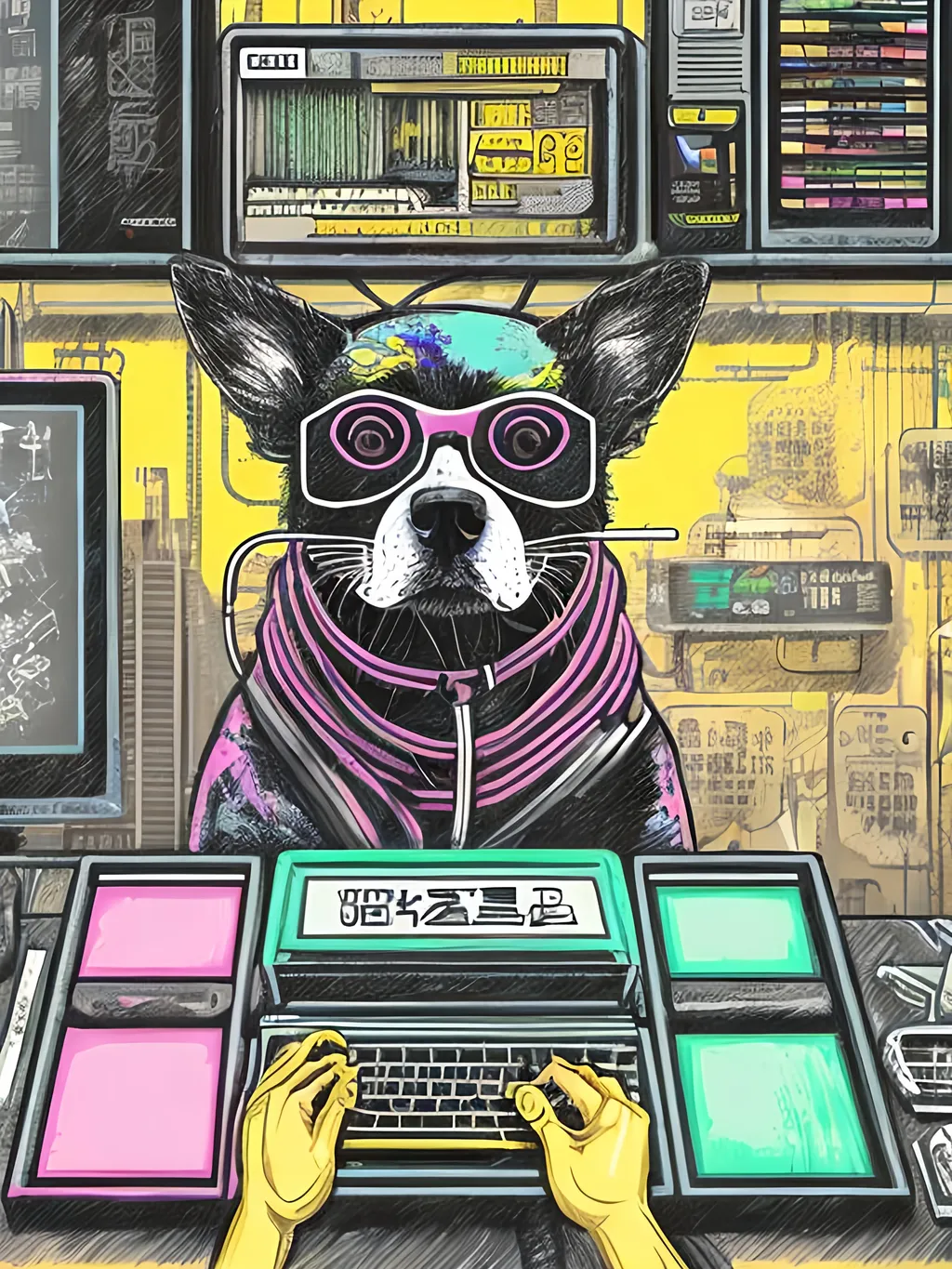 Prompt: pop art chalk pastel art of detailed dog hacking computers in cyberpunk japan, sketch, detailed background, highres, fun atmosphere, natural lighting,  abstract, fun