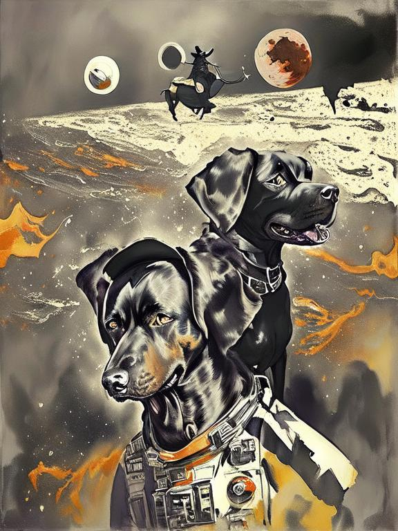 Prompt: Surrealism black dogs in cowboy outfits in space, abstract art style, cowboy hat, eerie atmosphere, floating celestial bodies, mysterious nebulae, dreamlike, surreal, high contrast, otherworldly, abstract, space, astronaut, fun atmosphere, celestial bodies, dreamlike, surreal, high contrast, mysterious, nebulae, dogs