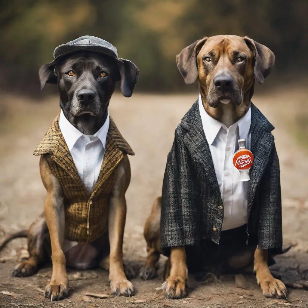 Prompt: black mountain cur dogs dressed like gangster drinking soda