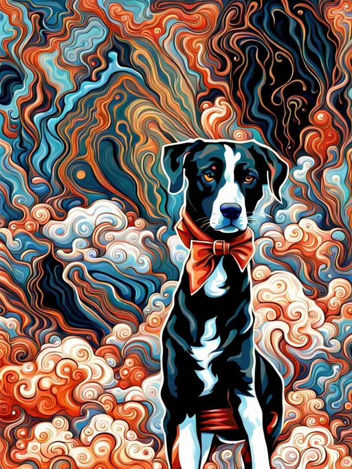 Prompt: mountain cur black dog in gangster clothing abstract art