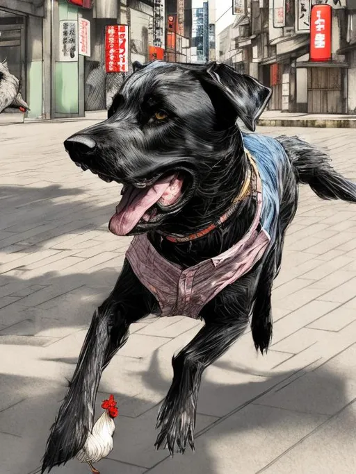 Prompt: a male black dog wearing clothes chasing a chicken in the streets in japan, sketch, detailed background, highres, fun atmosphere, natural lighting, pastel colors, abstract, fun