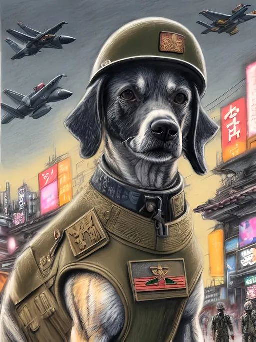 Prompt: chalk pastel art of a detailed dog wearing a military uniform on the streets in cyberpunk japan during a festival with planes in the background, sketch, detailed background, highres, fun atmosphere, natural lighting,  abstract, fun