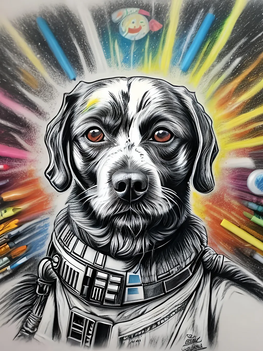 Prompt: pop art chalk pastel style art of detailed dog in star wars, sketch, detailed background, highres, fun atmosphere, natural lighting,  abstract, fun