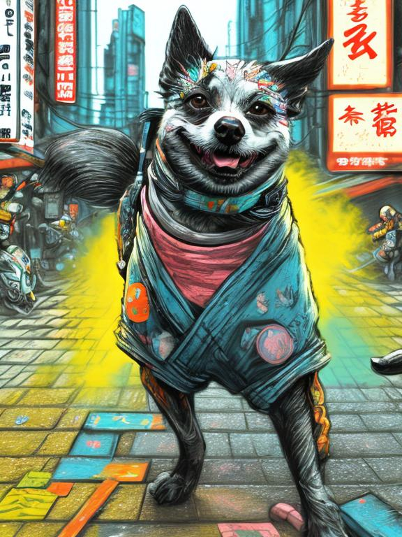 Prompt: pop art chalk pastel art of detailed dog wearing ninja clothes playing in the streets in cyberpunk japan during a festival, sketch, detailed background, highres, fun atmosphere, natural lighting,  abstract, fun