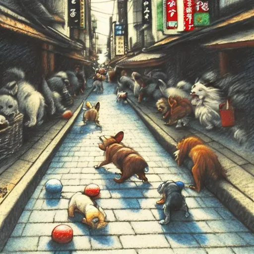 Prompt: etchy chalk pastel art of dogs playing in the streets in japan, sketch, detailed background, highres, fun atmosphere, natural lighting, pastel colors, abstract, fun