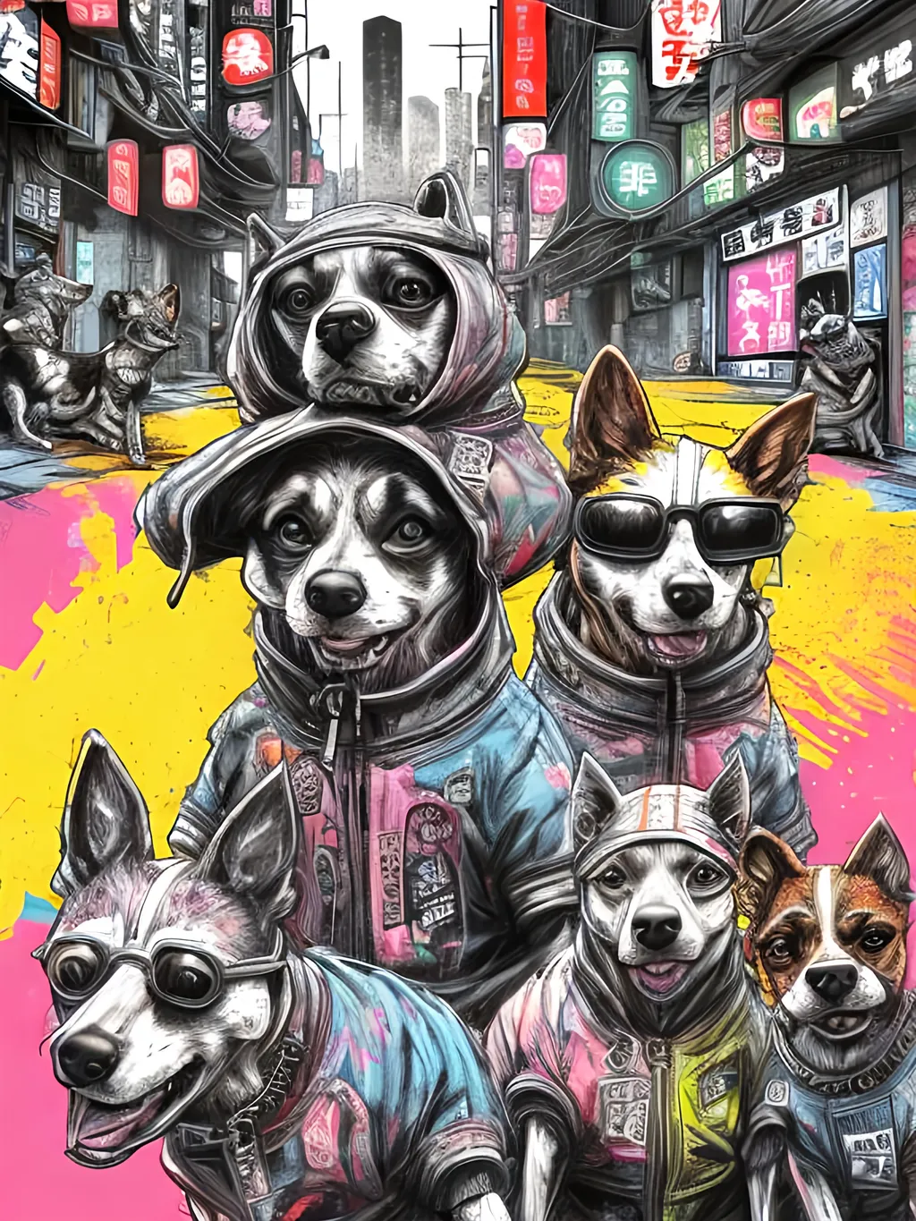 Prompt: pop art chalk pastel art of detailed dogs wearing gangster clothes playing in the streets in cyberpunk japan during a festival, sketch, detailed background, highres, fun atmosphere, natural lighting,  abstract, fun