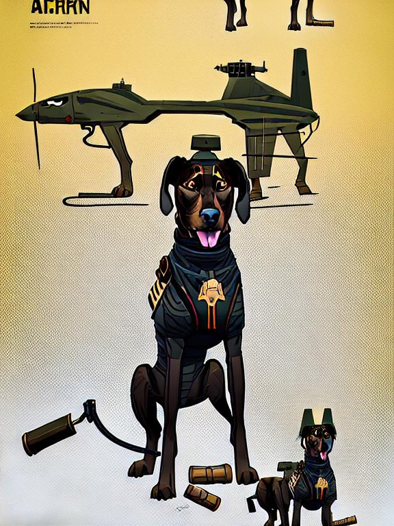 Prompt: black mountain cur dog in military gear in egypt 90s poster