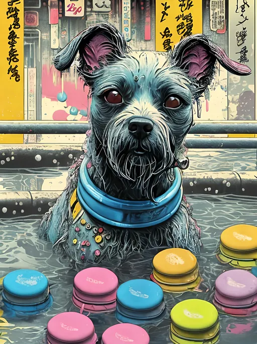 Prompt: pop art chalk pastel art of detailed dog taking a bath with a rubber ducky in cyberpunk japan, sketch, detailed background, highres, fun atmosphere, natural lighting,  abstract, fun