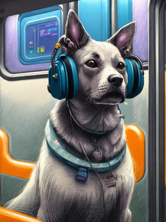 Prompt: chalk pastel art of a detailed dog listening to music on the subway train in cyberpunk japan, sketch, detailed background, highres, fun atmosphere, natural lighting,  abstract, fun