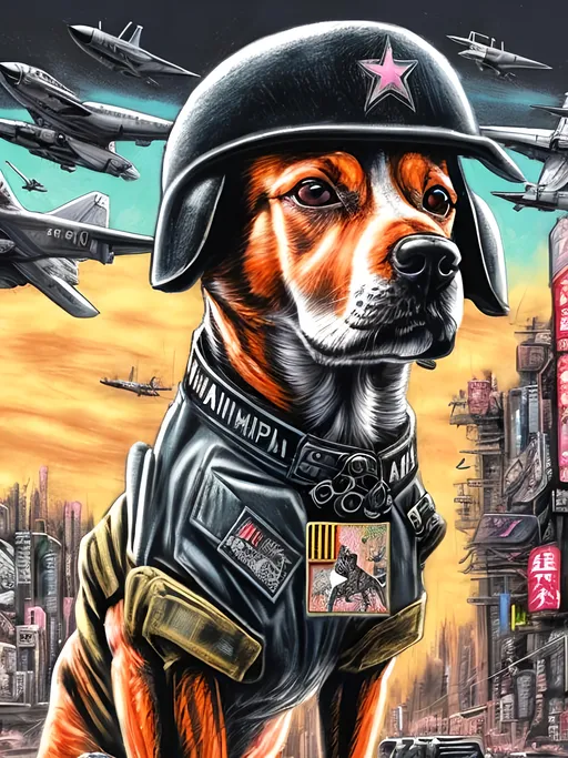 Prompt: pop art chalk pastel art of a detailed dog wearing a military uniform on the streets in cyberpunk japan with planes in the background, sketch, detailed background, highres, fun atmosphere, natural lighting,  abstract, fun