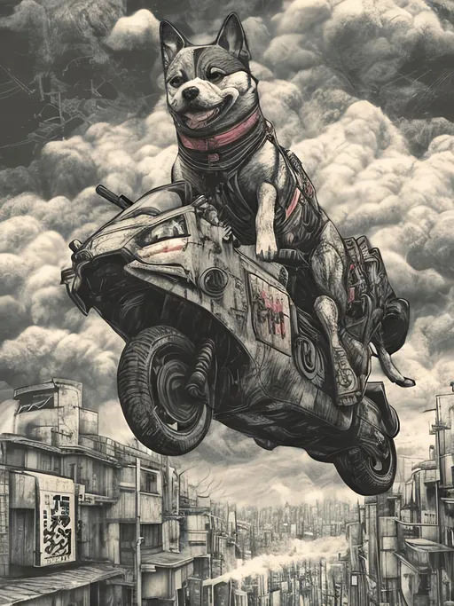 Prompt: pop art chalk pastel art of detailed dog flying in post apocalyptic Japan, sketch, detailed background, highres, fun atmosphere, natural lighting,  abstract, fun