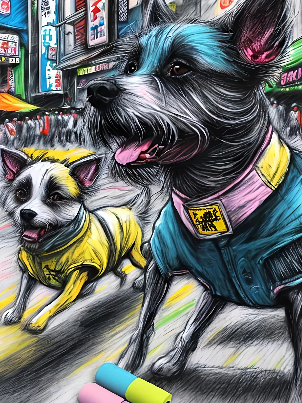 Prompt: pop art chalk pastel art of detailed dogs wearing gangster clothes playing in the streets in japan during a festival, sketch, detailed background, highres, fun atmosphere, natural lighting,  abstract, fun