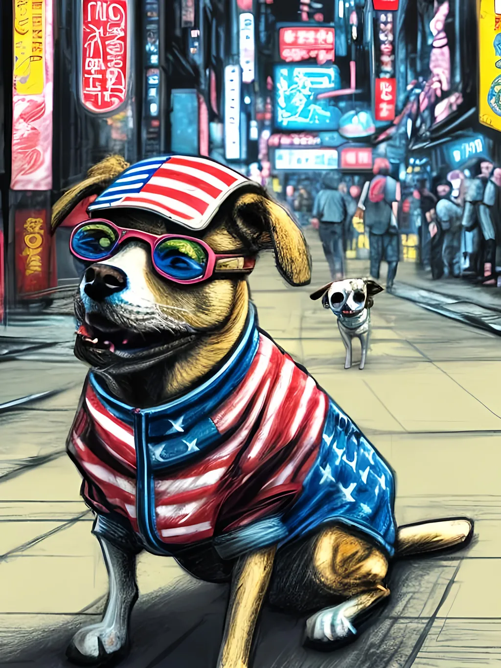 Prompt: pop art chalk pastel art of detailed dog wearing USA clothes playing in the streets in cyberpunk japan during a festival, sketch, detailed background, highres, fun atmosphere, natural lighting,  abstract, fun