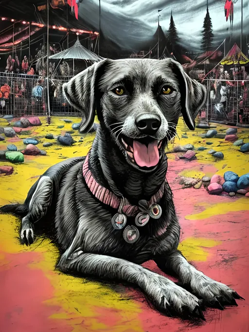 Prompt: Detailed mountain cur all black dog at a circus, festival, pop art chalk pastel, grunge, highres, abstract, natural lighting, lively atmosphere, fun, vibrant, happy-go-lucky, detailed dogs, detailed eyes, detailed fur, festive, flying, post-apocalyptic, Japan, chalk pastel, detailed background, grunge style, abstract art, high quality, natural lighting